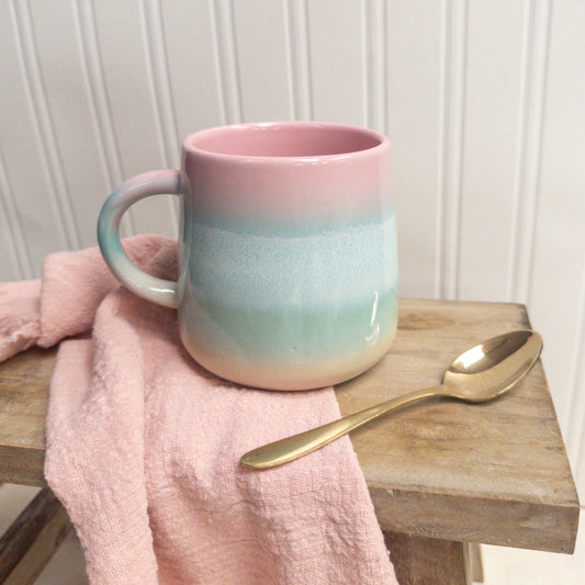 sass and belle pastel ombre mug on wooden shelf