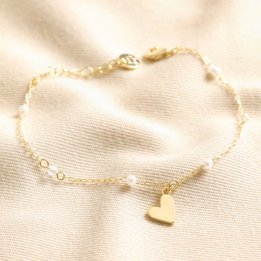 Gold Beaded Pearl Heart Charm Bracelet