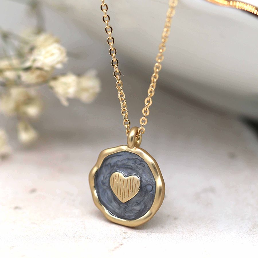 Grey and Gold Enamel Heart Necklace