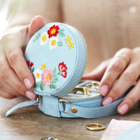 Round Velvet Jewellery Case - Embroidered Flowers
