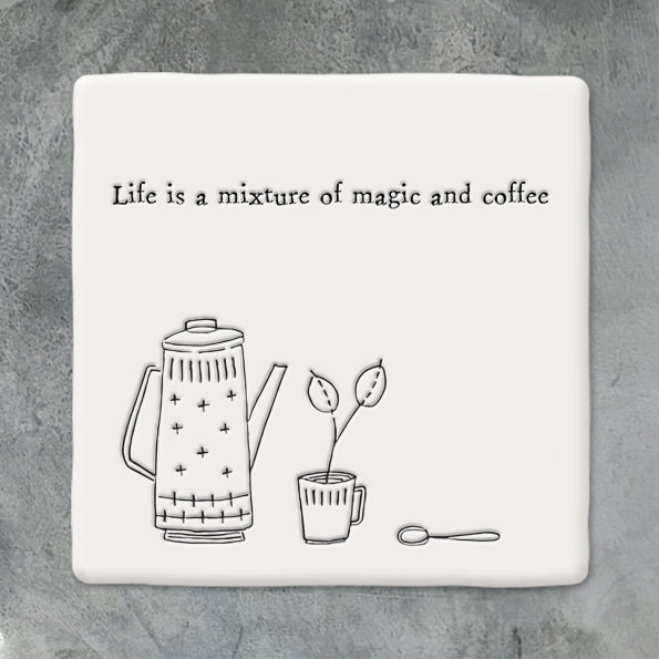 Black and White Porcelain Coffee Themed Coaster with grey background