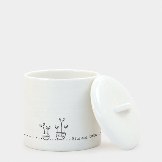 Bits and Bobs white pot with lid on the side