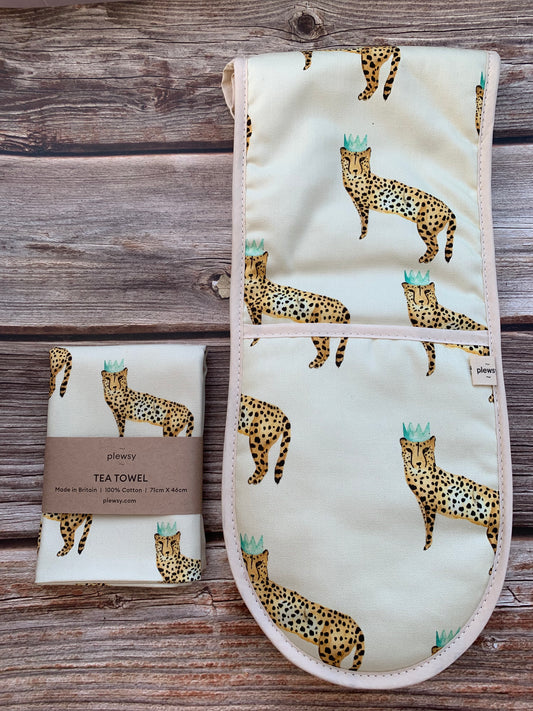Cheetah Print Oven Glove and Tea Towel on wooden background