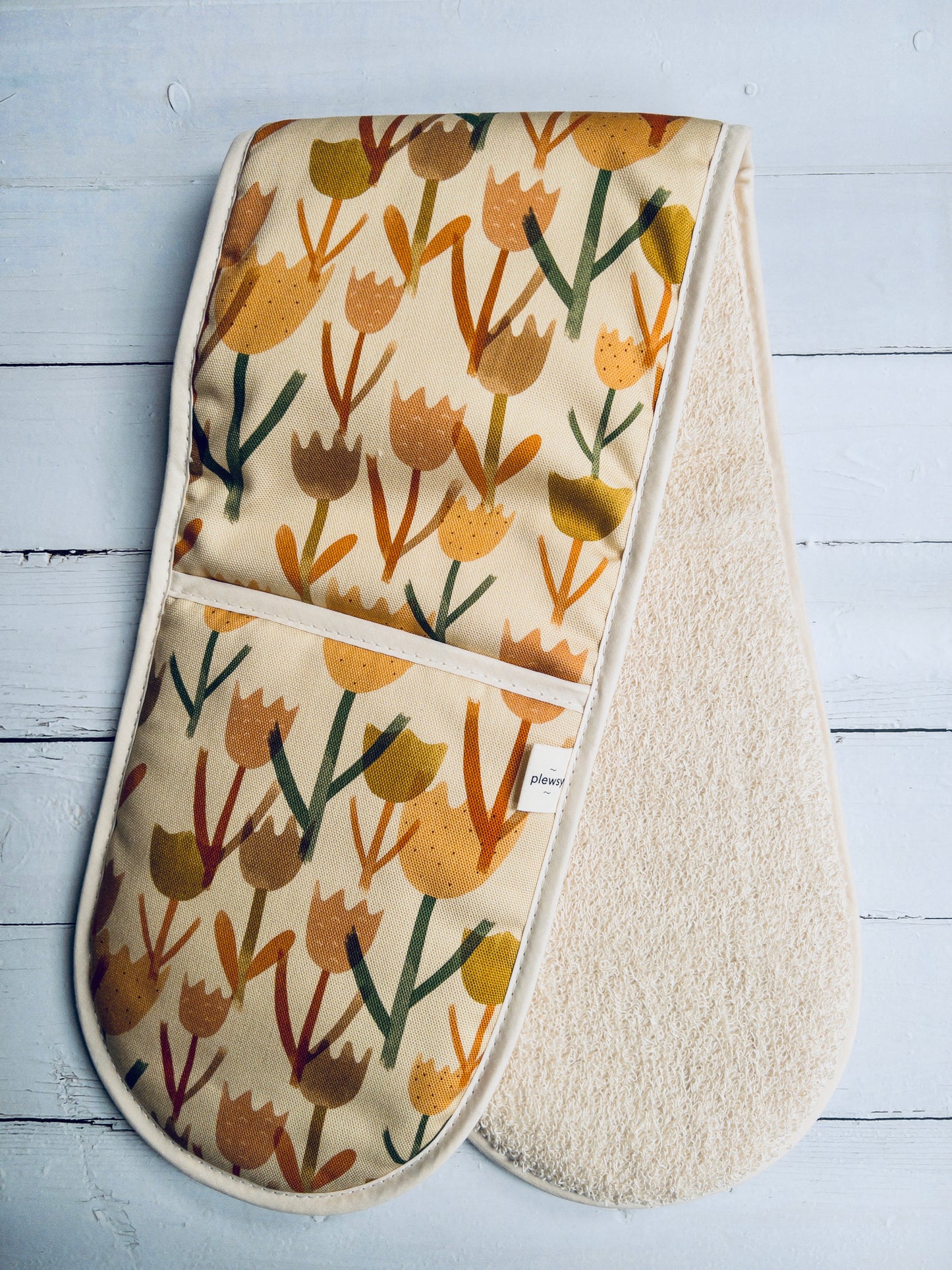 Cream Tulip Print Double Oven Glove