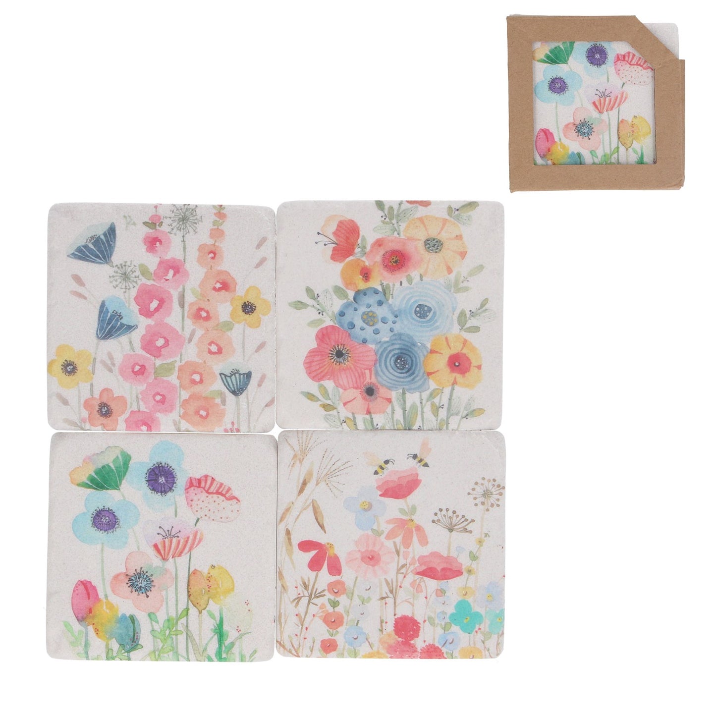 Set of four white and floral drinks coasters