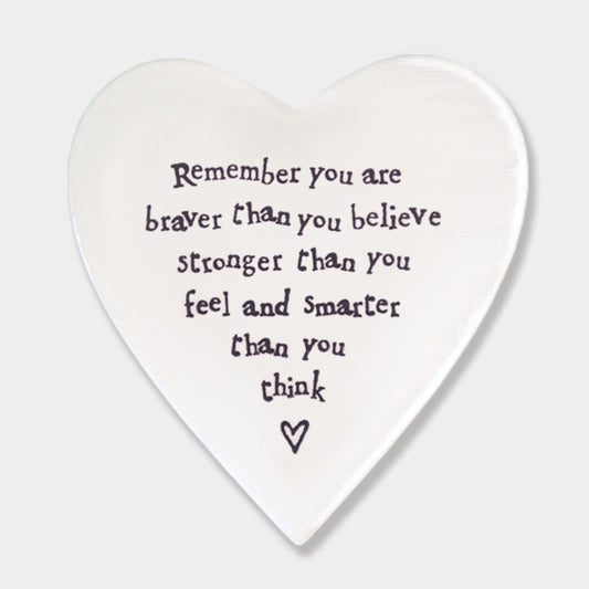 Braver Quote, white porcelain heart coaster from East of India