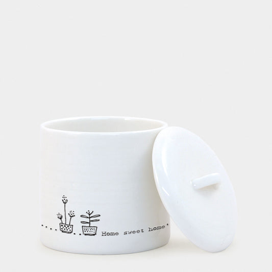 home sweet home white pot with lid on the side