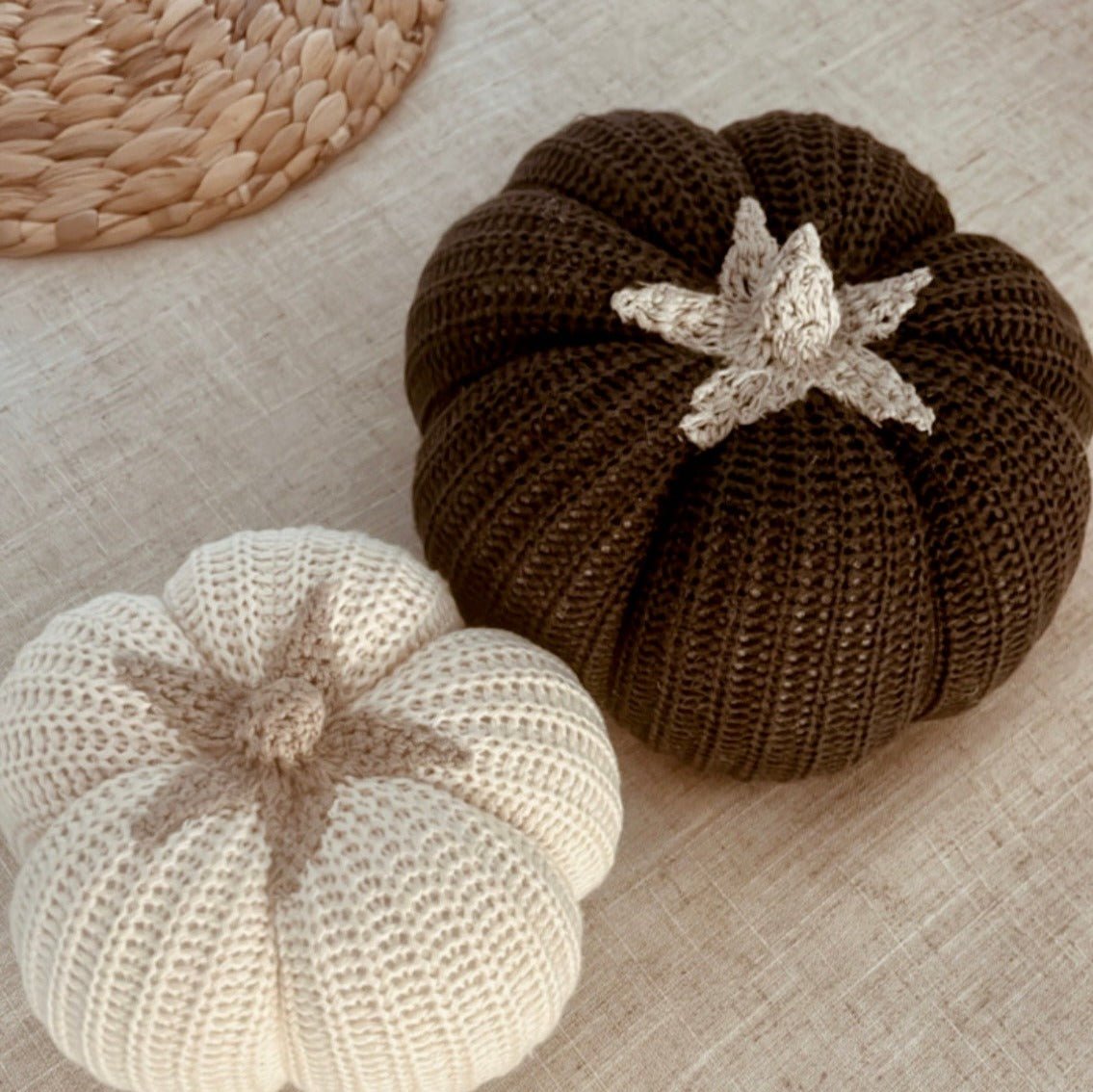 Medium black pumpkin next to small white pumpkin