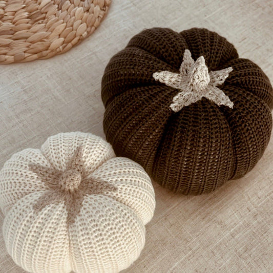 Medium black pumpkin next to small white pumpkin