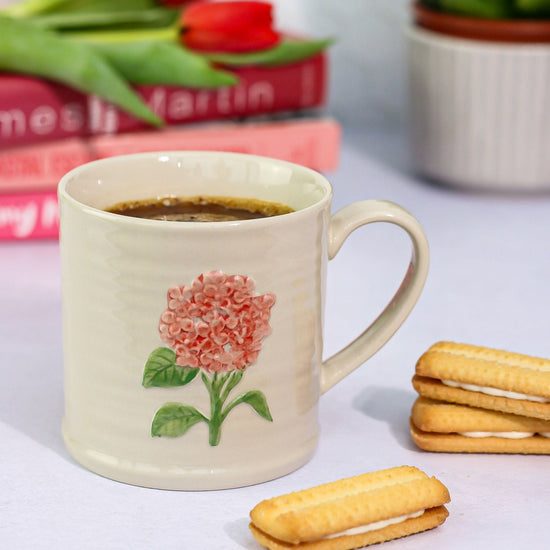 pink hydrangea mug with coffee 