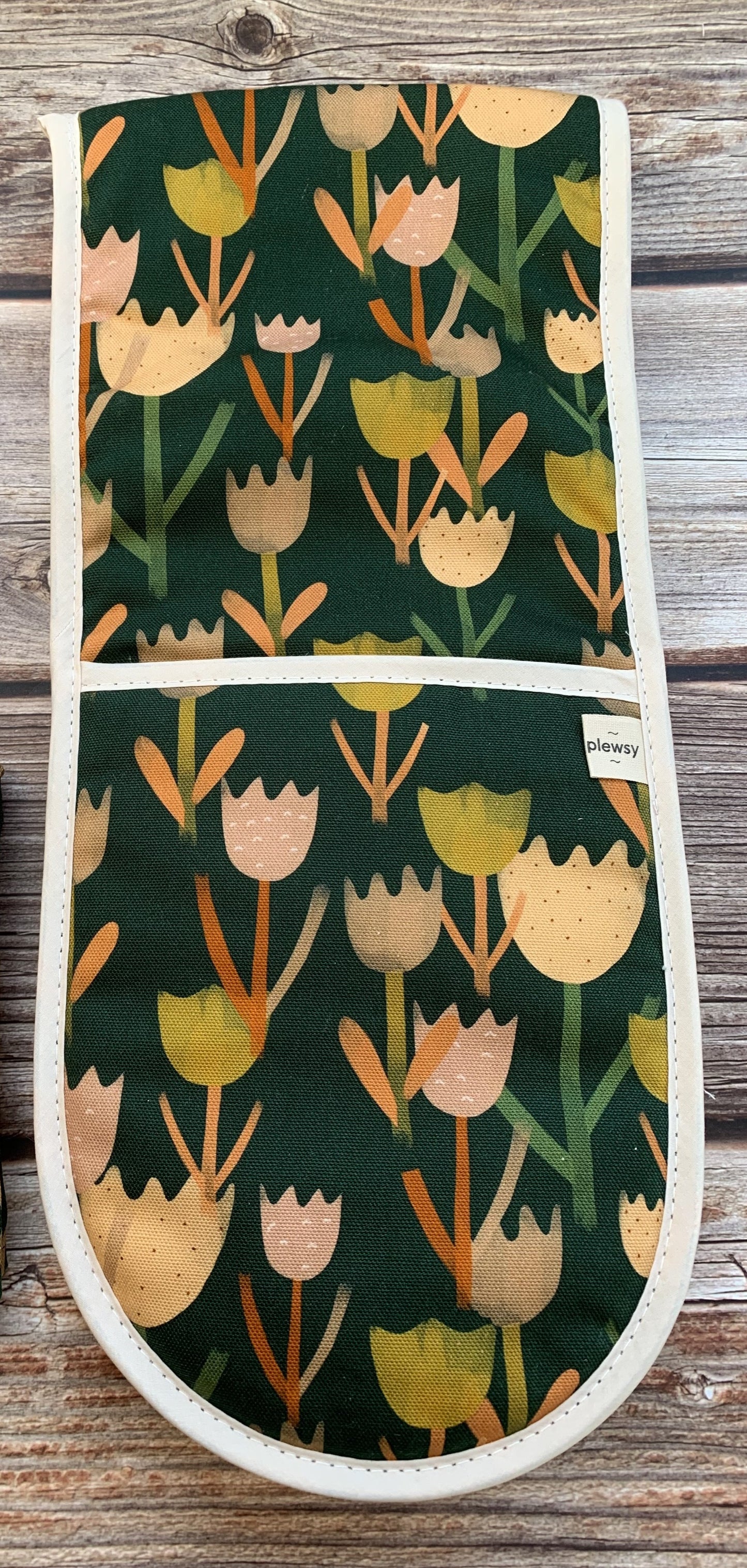 Green Tulip Print Double Oven Glove