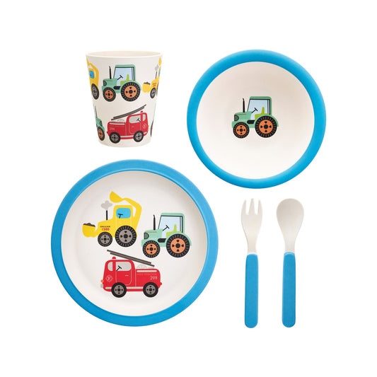 transport themed blue and white children's dining set