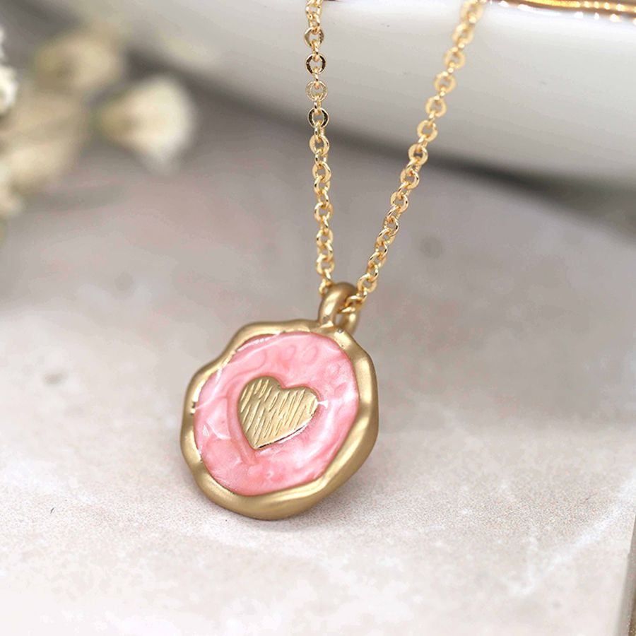 Blush Pink and Gold Enamel Heart Necklace