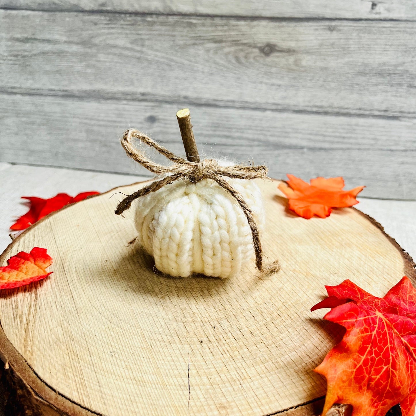 White Knitted Pumpkin with Wooden Stem