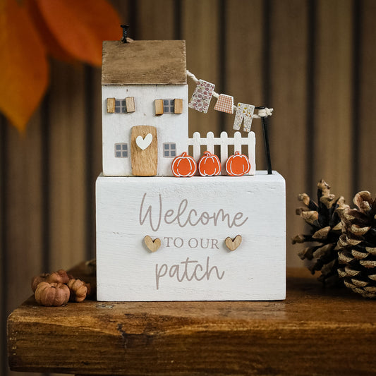 'Welcome to our Patch' Wooden Cottage Block
