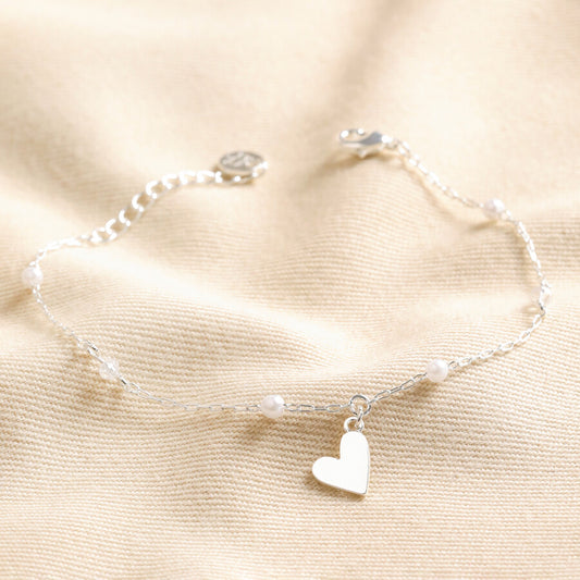 Silver Beaded Pearl Heart Charm Bracelet
