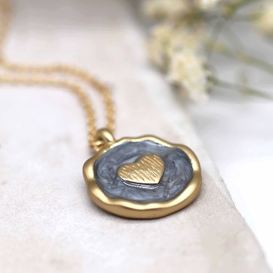 Grey and Gold Enamel Heart Necklace
