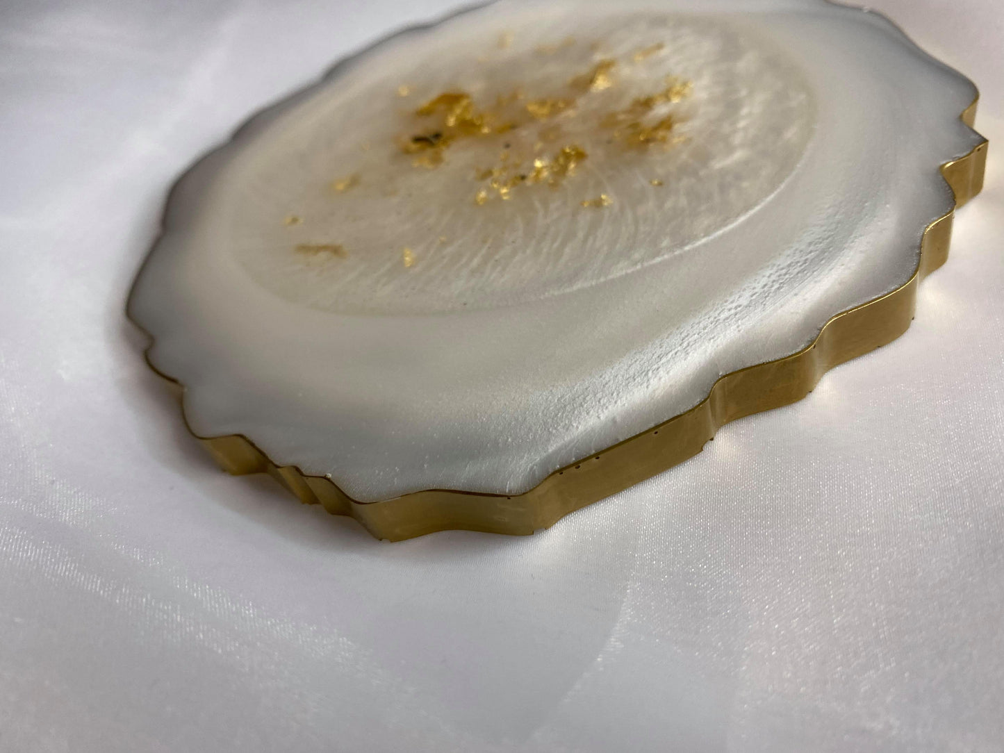 Large White and Gold Resin Coaster