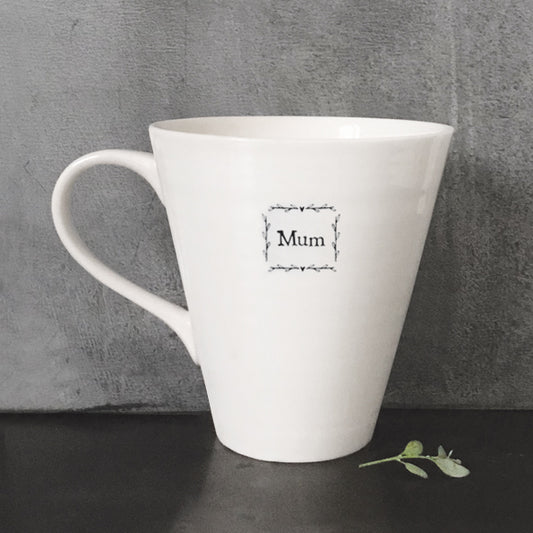 Mum white porcelain mug from East of India with a grey background