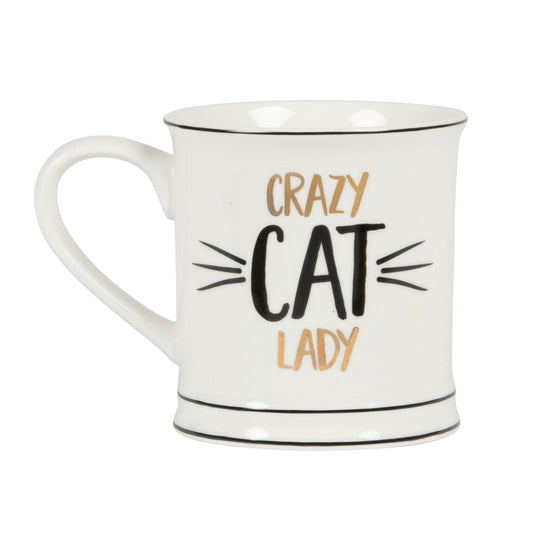 white, black and gold crazy cat lady mug on a white background