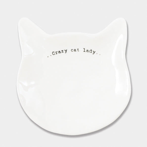 White Cat shaped porcelain dish with the words crazy cat lady