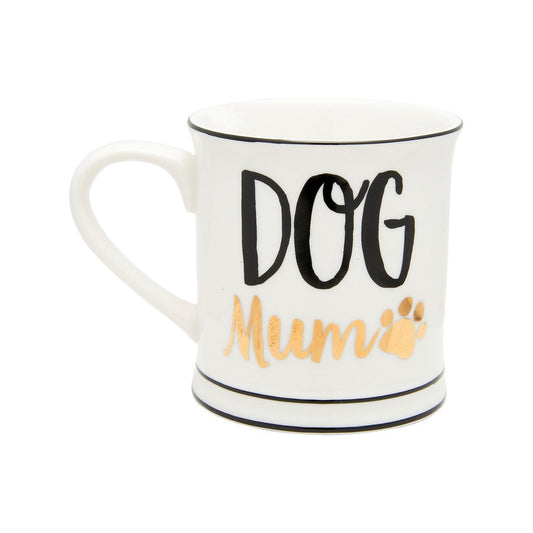 black, white and gold dog mum mug on a white background