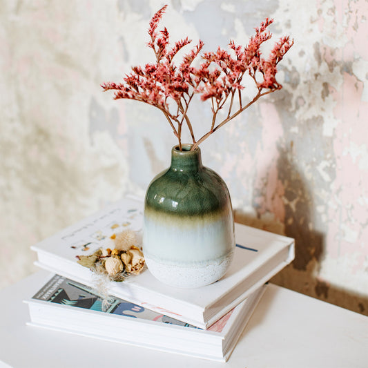 Green Ombre Bud Vase with books and flowers