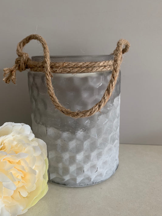 Grey Glass Candleholder with peony flower and grey background