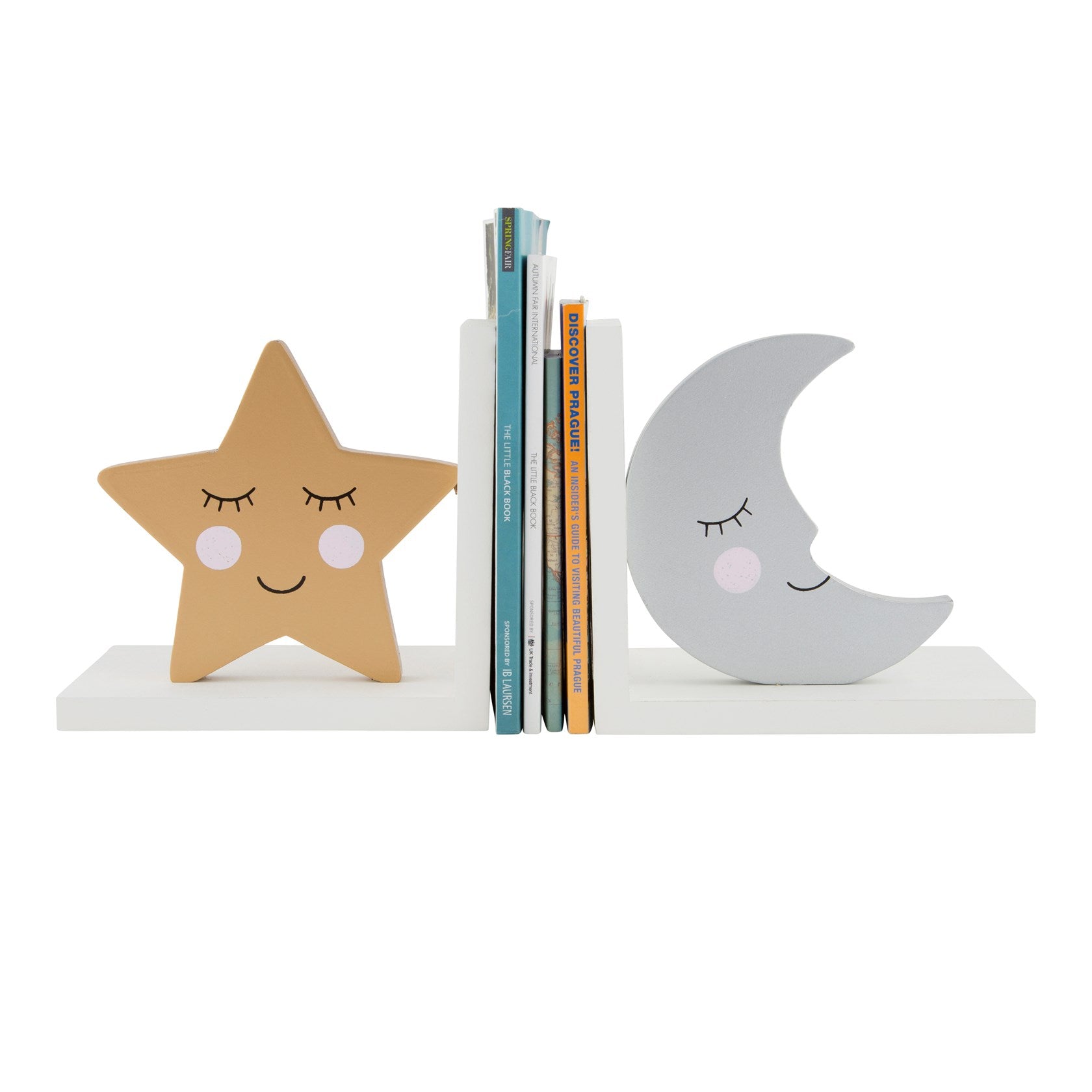 Star and Moon bookends with books inbetween