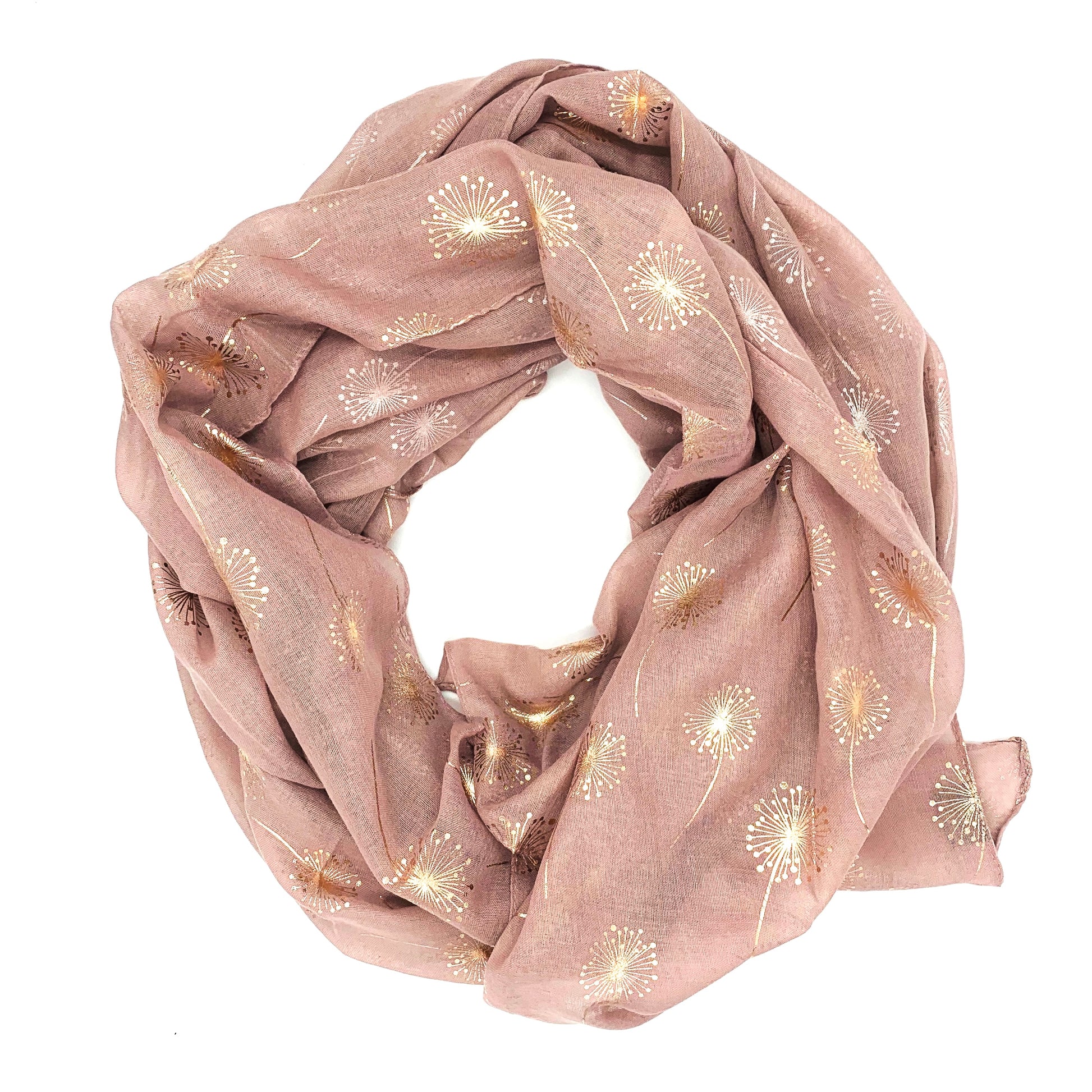 Blush pink and rose gold dandelion scarf on white background