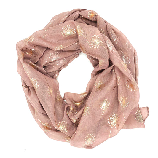 Blush pink and rose gold dandelion scarf on white background