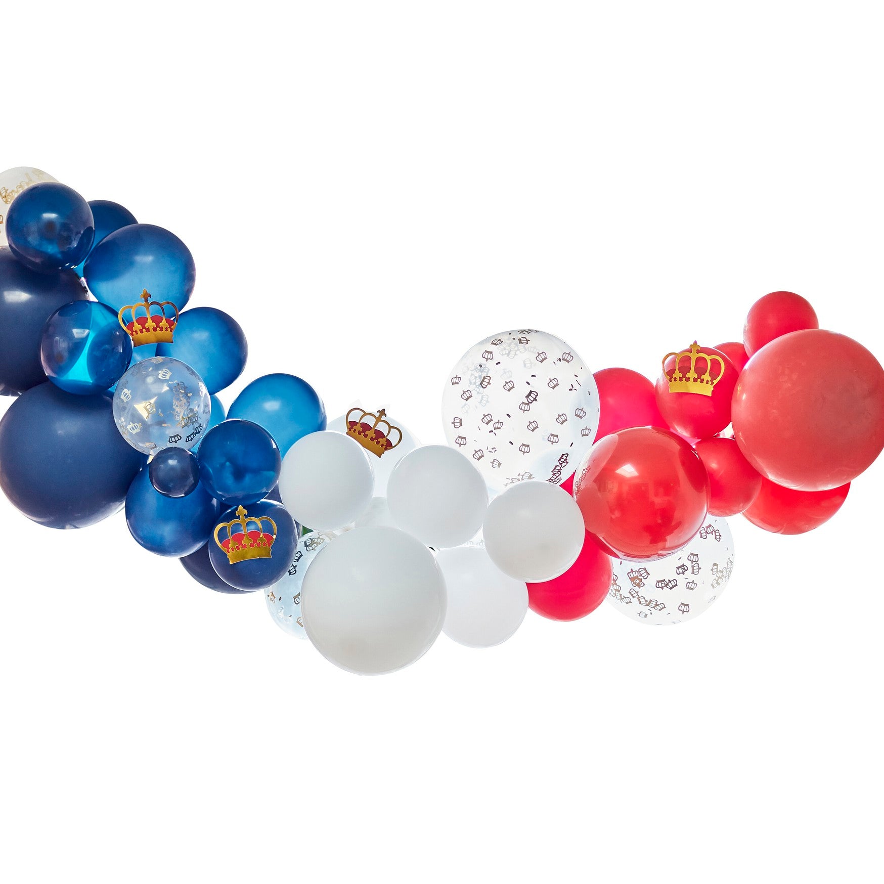 red, white, and blue balloon arch on a white background
