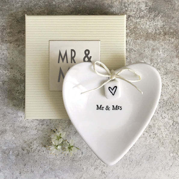White Porcelain ring dish with mr & mrs words