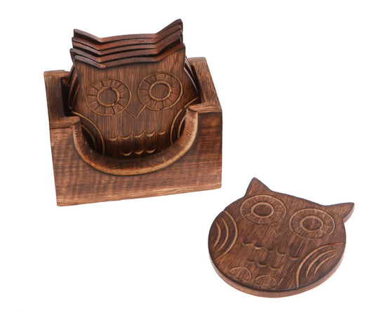 Wooden Owl Coasters with Holder (Set of 6)