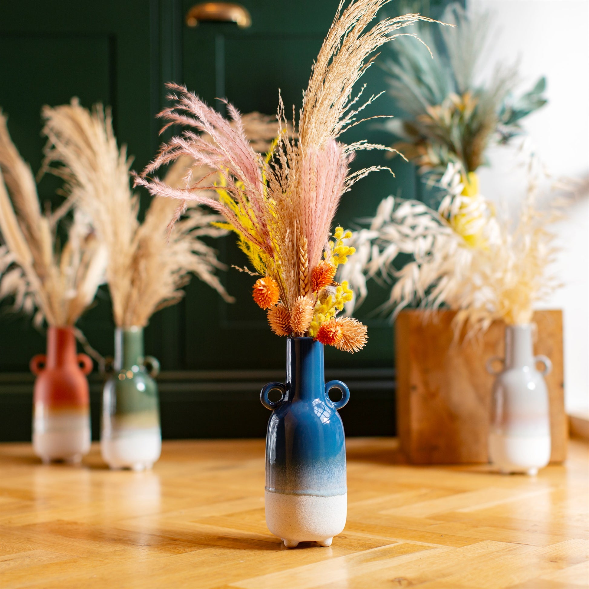 Blue Ombre Vase with dried flowers in a lifestyle image