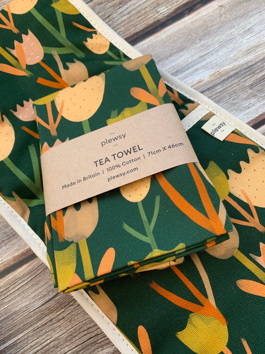 Green Tulip Print Tea Towel