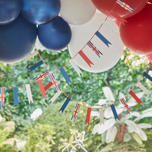 Union Jack Paper Bunting with a garden background