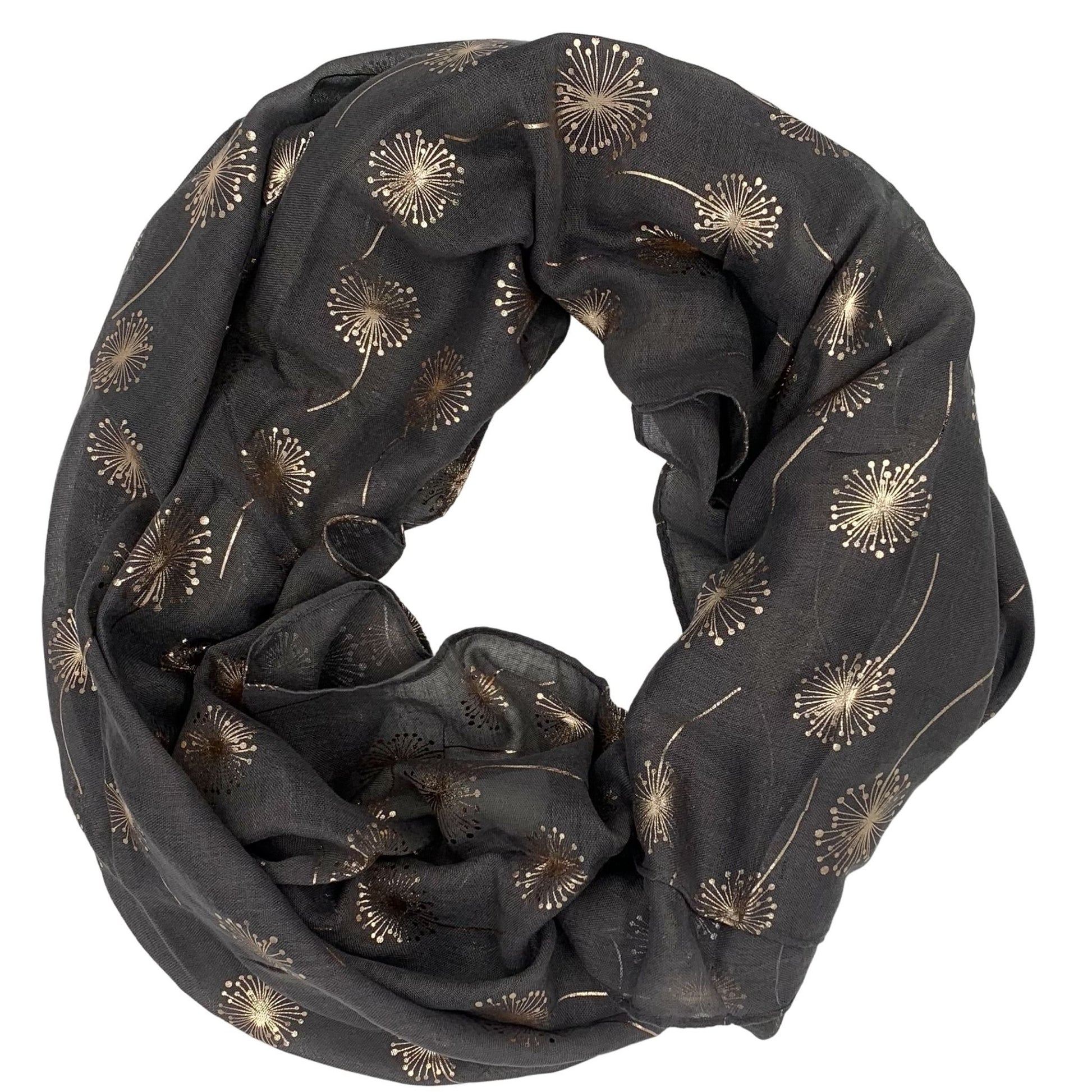 charcoal grey and rose gold dandelion scarf on white background