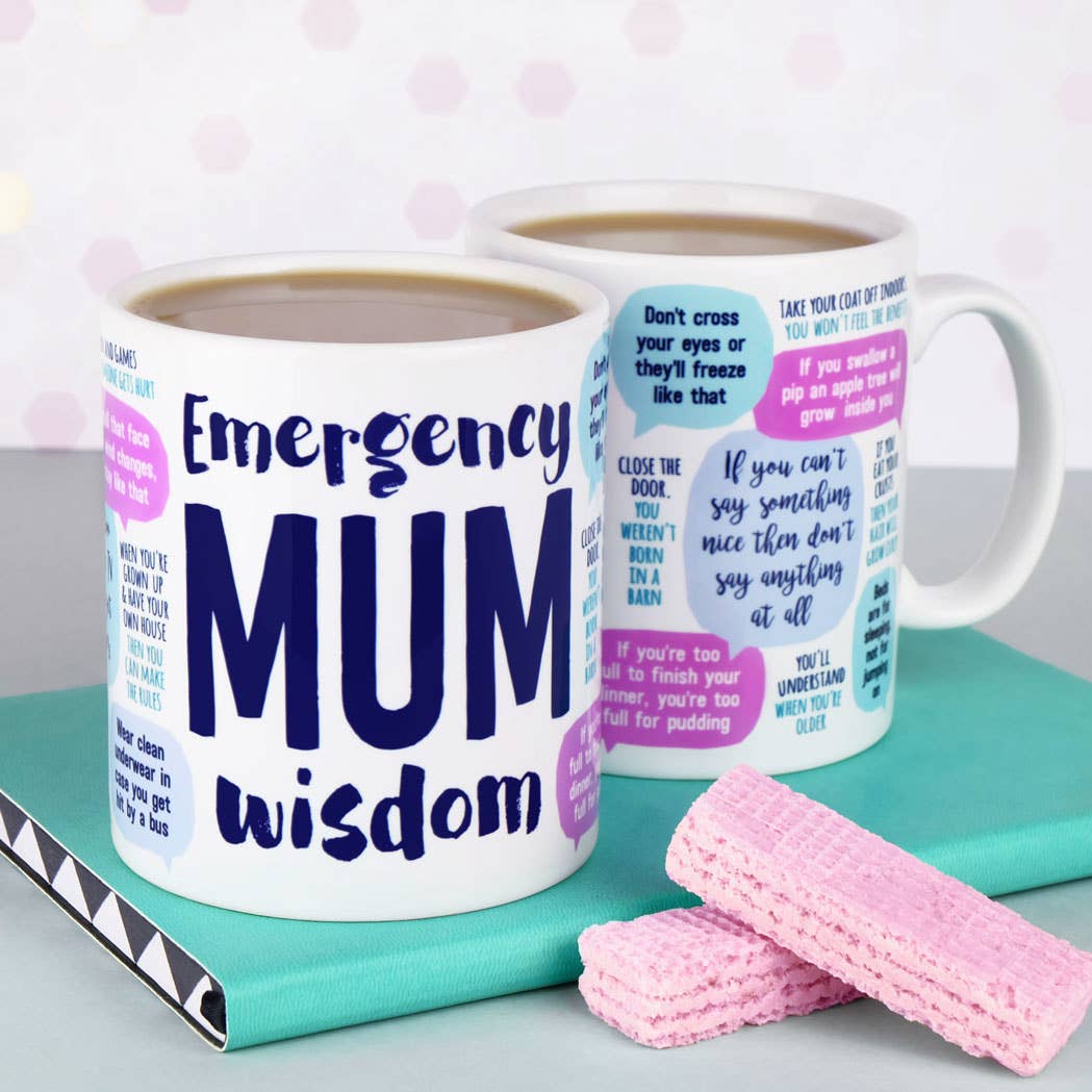emergency mum wisdom mug front and side view balanced on a book