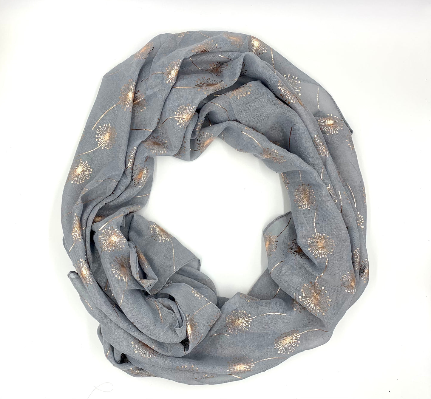 light grey and rose gold dandelion scarf on white background