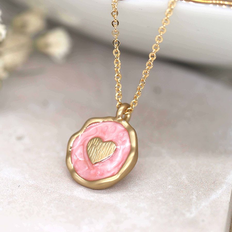 Blush Pink and Gold Enamel Heart Necklace