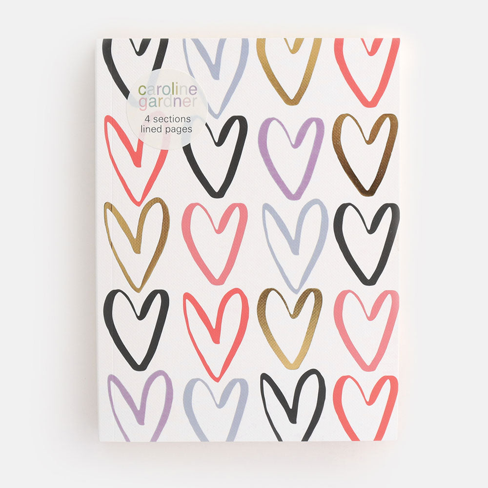 multi colour heart notebook on white background front view