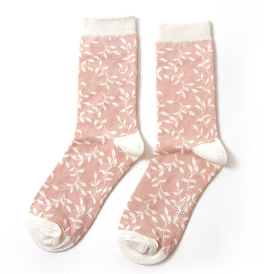 blush pink trailing leaves socks on white background